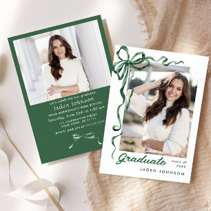 Trendy Green Bow Ribbon 2 PHOTO Graduation Party Invitation