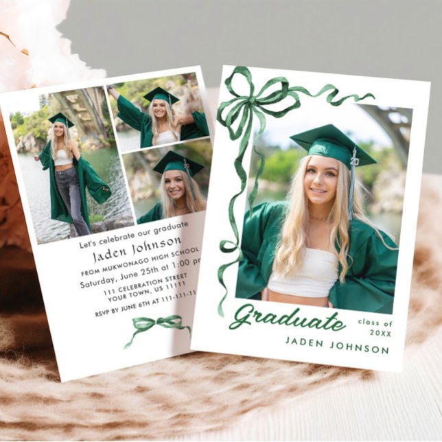 Trendy Green Bow Ribbon 4 PHOTO Graduation Party I Invitation (Creator Uploaded)