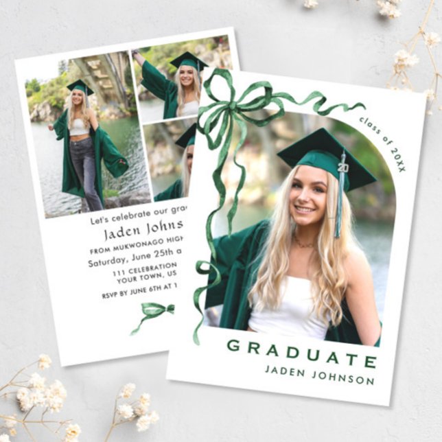 Trendy Green Bow Ribbon 4 PHOTO Graduation Party Invitation (Creator Uploaded)