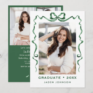 Trendy Green Bow Ribbon 4 PHOTO Graduation Party Invitation