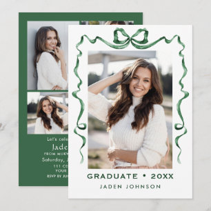 Trendy Green Bow Ribbon 5 PHOTO Graduation Party Invitation