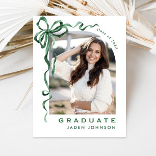 Trendy Green Bow Ribbon PHOTO Graduation Party Postcard