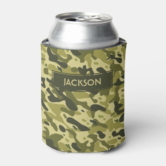 Trendy green camouflage pattern with name can cooler (Can Front)