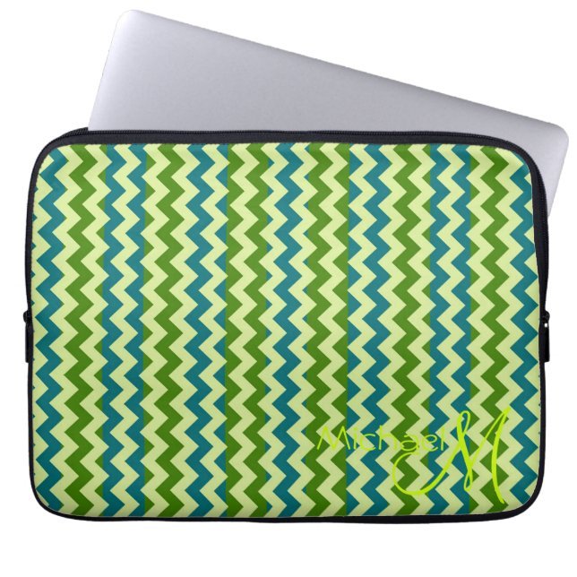 Trendy Green Chevron Zigzag Custom Monogram Laptop Sleeve (Front)