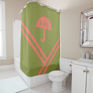 Trendy Green Coral Stripes Umbrella Initials