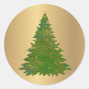 Trendy Green Gold Glitter Tree Christmas Classic Round Sticker