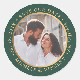 Trendy Green Gold Photo Save The Date  Classic Round Sticker