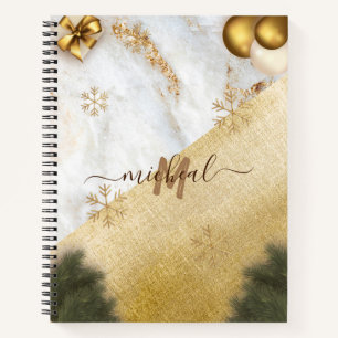 Trendy green Leave Gold Star Marble Custom Name Notebook