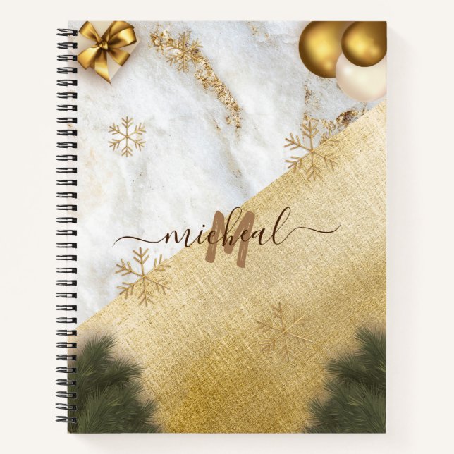 Trendy green Leave Gold Star Marble Custom Name  Notebook (Front)