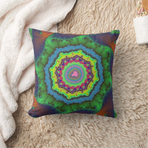 Trendy Green, Orange and Blue Fractal Throw Pillow