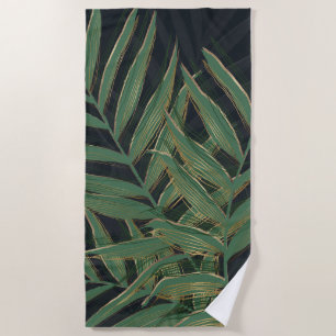 Trendy Green Palm Leaves Gold Strokes Grey Design Beach Towel