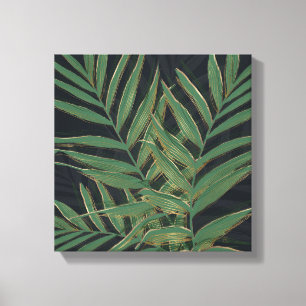 Trendy Green Palm Leaves Gold Strokes Grey Design Canvas Print