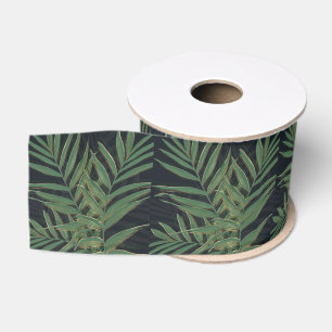 Trendy Green Palm Leaves Gold Strokes Grey Design Grosgrain Ribbon