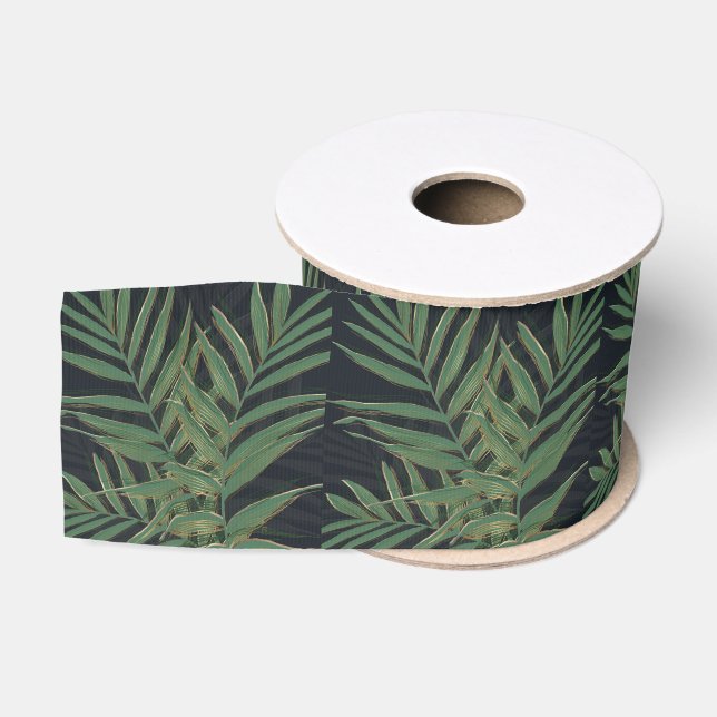 Trendy Green Palm Leaves Gold Strokes Grey Design Grosgrain Ribbon (Spool)