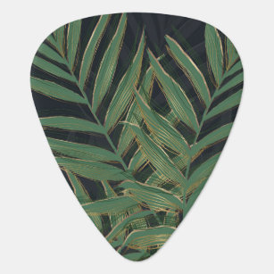 Trendy Green Palm Leaves Gold Strokes Grey Design Guitar Pick