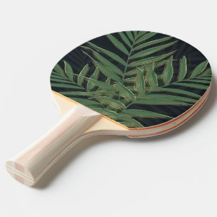 Trendy Green Palm Leaves Gold Strokes Grey Design Ping Pong Paddle