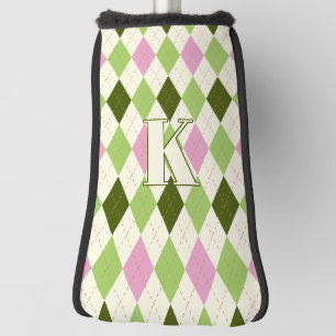 Trendy Green & Pink Argyle Pattern Modern Monogram Golf Head Cover