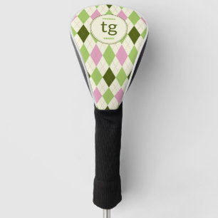 Trendy Green & Pink Argyle Pattern Modern Monogram Golf Head Cover