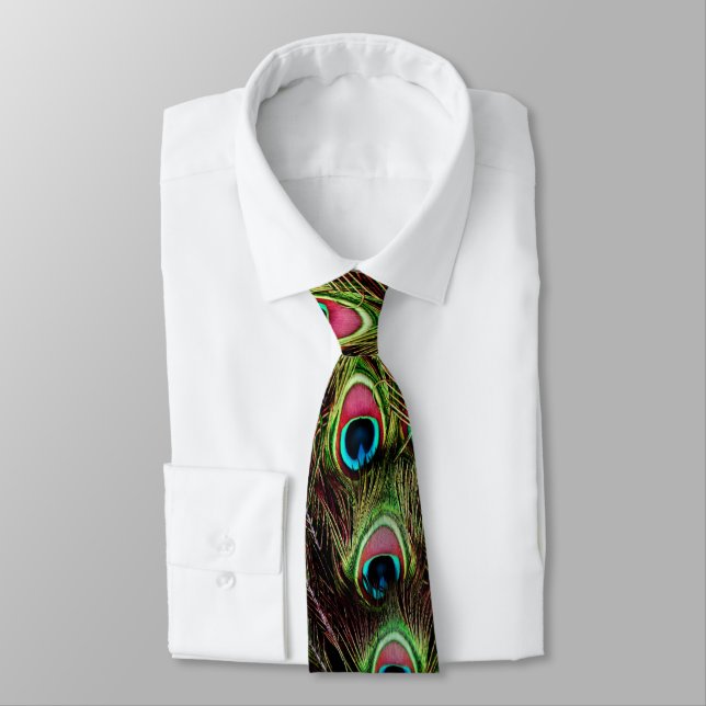 trendy green purple teal turquoise peacock feather tie (Tied)