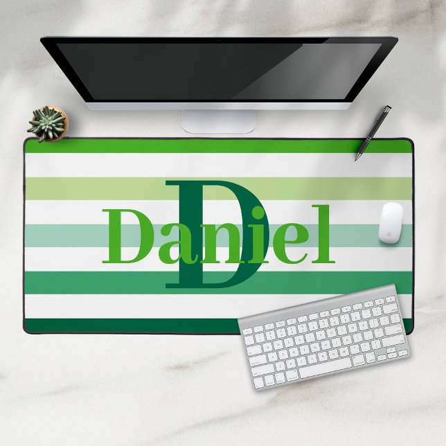 Trendy Green Stripes Monogram Desk Mat (stripes in green and white with monogram and name desk mat.)