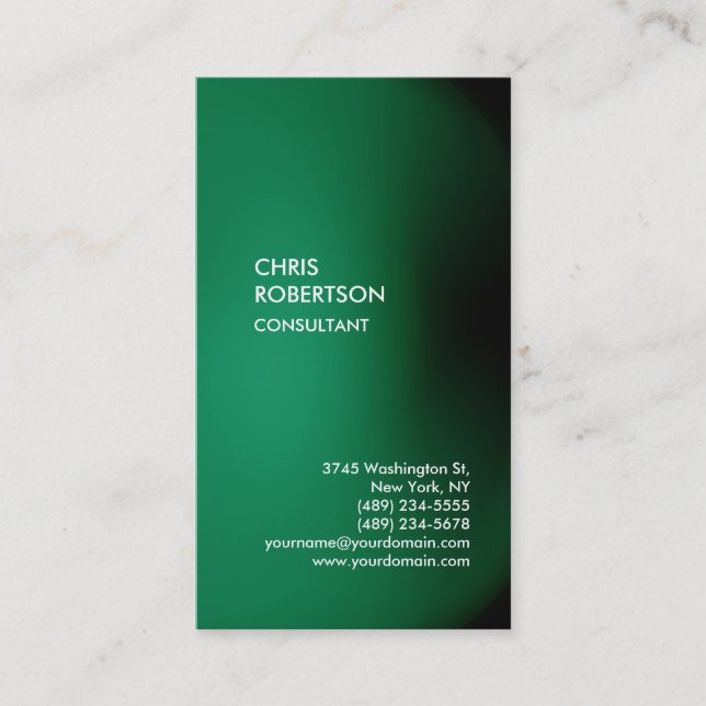 Trendy green vertical unique business card (Front)