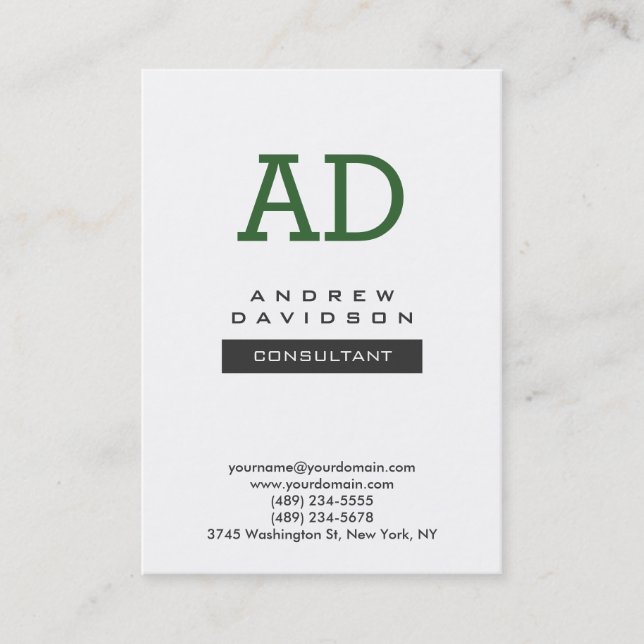 Trendy Green White Modern Monogram Business Card (Front)