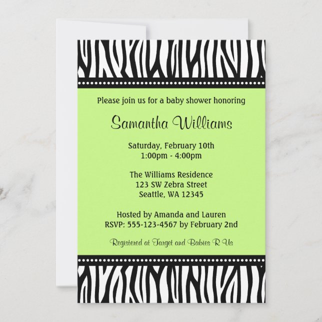 Trendy Green Zebra Baby Shower Invitation (Front)