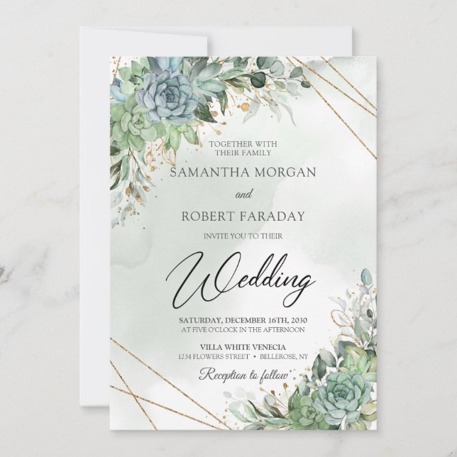 Trendy greenery succulent eucalyptus gold wedding invitation (Front)