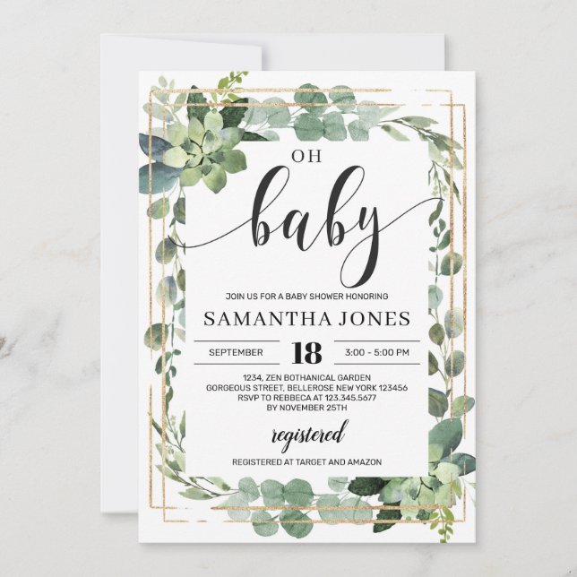 Trendy greenery succulent floral oh baby shower invitation (Front)