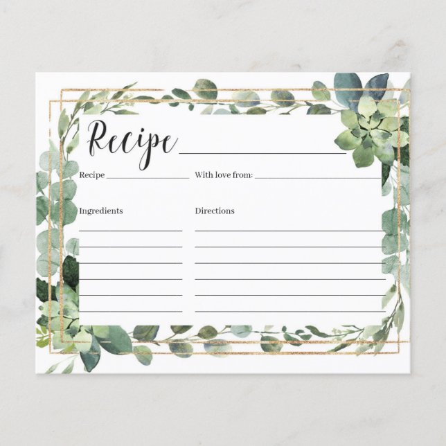 Trendy greenery succulent flowers gold recipe card (Front)