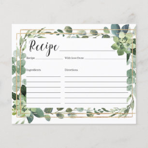 Trendy greenery succulent flowers gold recipe card