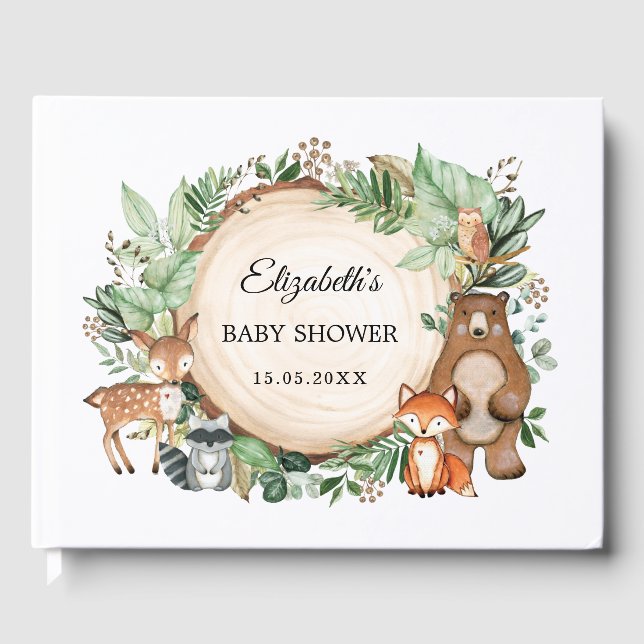 Trendy Greenery Woodland Animals Baby Shower Guest Book (Front)