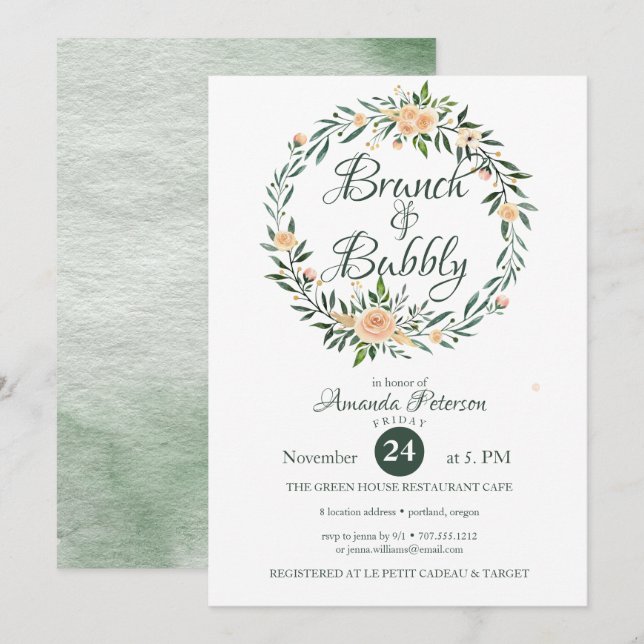 Trendy Greenery Wreath Brunch & Bubbly Invitation (Front/Back)