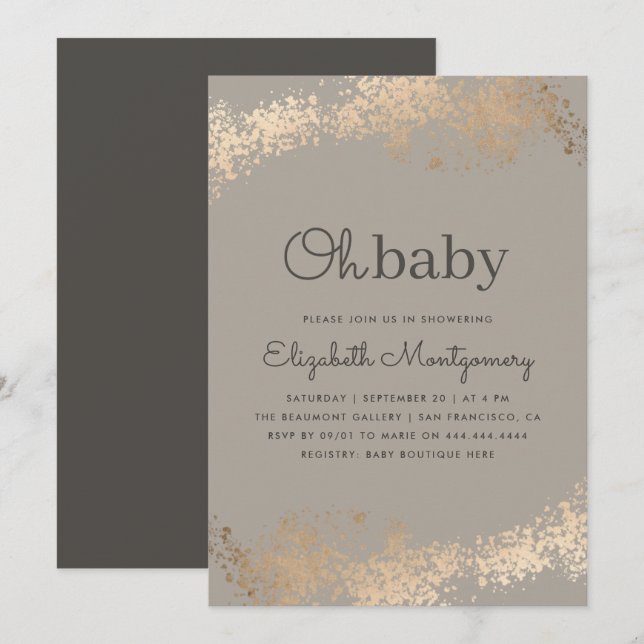 Trendy Greige & Gold Dust Oh Baby Shower Invitation (Front/Back)