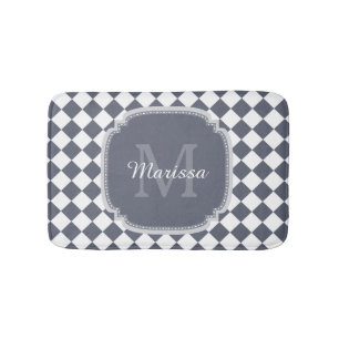Trendy Grey and White Checked Monogrammed Name Bath Mat