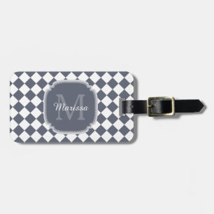 Trendy Grey and White Checked Monogrammed Name Luggage Tag