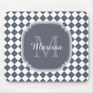 Trendy Grey and White Checked Monogrammed Name Mouse Pad