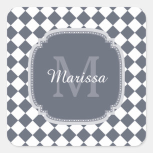Trendy Grey and White Checked Monogrammed Name Square Sticker
