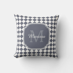 Trendy Grey and White Checked Monogrammed Name Throw Pillow