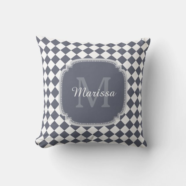 Trendy Grey and White Checked Monogrammed Name Throw Pillow (Front)