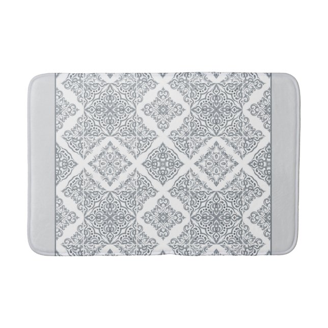 Trendy Grey and White Spanish Tiles Pattern Bath Mat (Front)