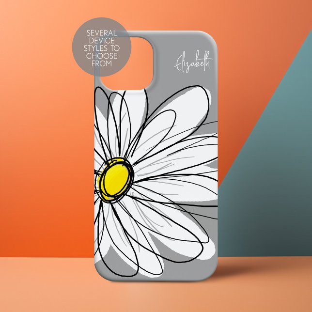 Trendy Grey and Yellow Daisy Drawing Case-Mate iPhone Case (Personalized Phone Case with Whimsical Daisy and Custom Name)