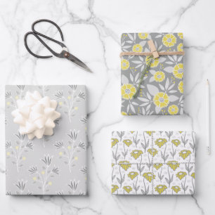 Trendy Grey and Yellow Florals Wrapping Paper Sheet