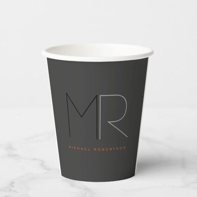 Trendy Grey Black Monogram Plain  Paper Cups (Front)