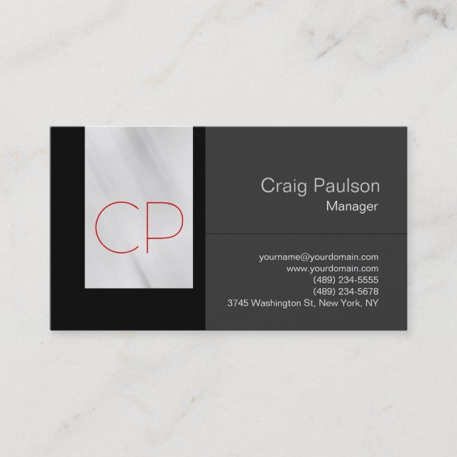 Trendy Grey Black Red Monogram Business Card (Front)
