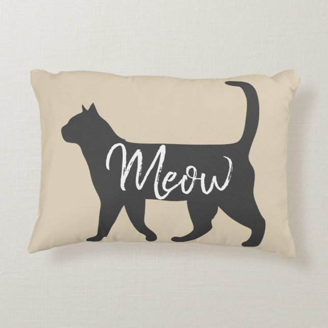 Trendy Grey Cat Silhouette & Taupe Meow Accent Pillow (Back)