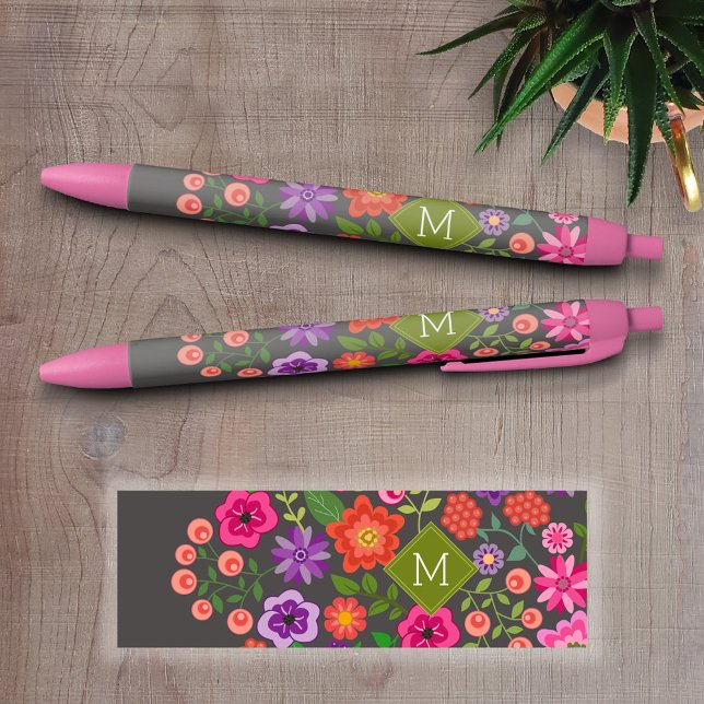 Trendy Grey Floral Pattern with Custom Monogram Black Ink Pen (Personalized Writing Pens - add your name, monogram or other text)