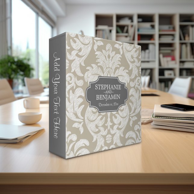 Trendy Grey & Linen Beige Damask Pattern Wedding Binder (Custom Wedding and Anniversary Binder - Personalize with Bride and Groom)