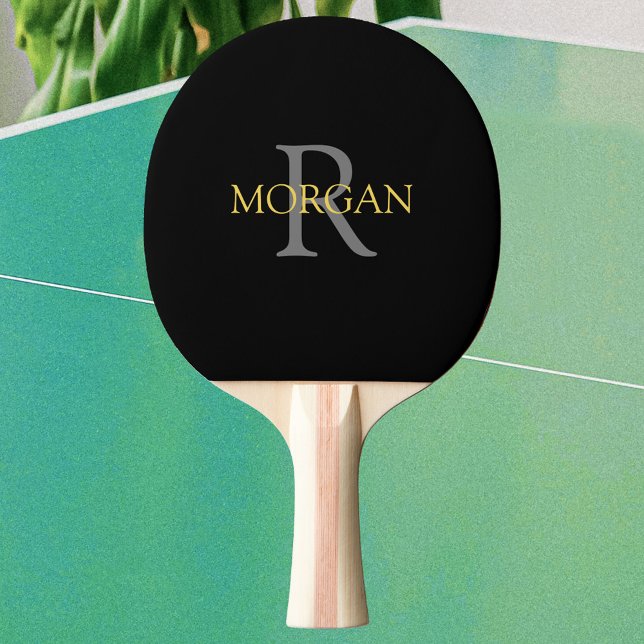 Trendy Grey Monogram & Gold Name on Black Ping Pong Paddle (Creator Uploaded)