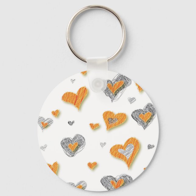 Trendy grey orange heart scribble pattern gifts keychain (Front)